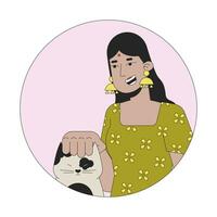 sonriente hindú mujer acariciando gato 2d línea vector avatar ilustración. indio dama vistiendo enlazar, rascarse gatito cabeza contorno dibujos animados personaje rostro. mascota amante plano color usuario perfil imagen aislado