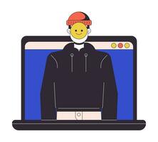 Identity theft on laptop flat line concept vector spot illustration. Stolen personality. Hacker 2D cartoon outline character on white for web UI design. Cybercrime disable isolated color hero image