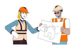 Diverse contractors discussing blueprint 2D linear cartoon characters. Building supervisor, construction worker isolated line vector people white background. Builders color flat spot illustration