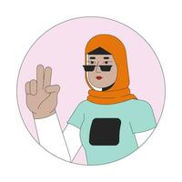 elegante musulmán mujer demostración victoria firmar 2d línea vector avatar ilustración. Gafas de sol hijab mujer selfie tomando contorno dibujos animados personaje rostro. dos dedos arriba plano color usuario perfil imagen aislado