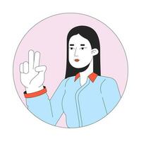 Peace sign girl asian with long straight hair 2D line vector avatar illustration. Gesturing two fingers up outline cartoon character face. Korean lady selfie flat color user profile image isolated