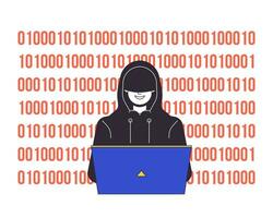 Hacker in hood coding flat line concept vector spot illustration. Man with laptop 2D cartoon outline character on white for web UI design. Cybercrime editable isolated color hero image