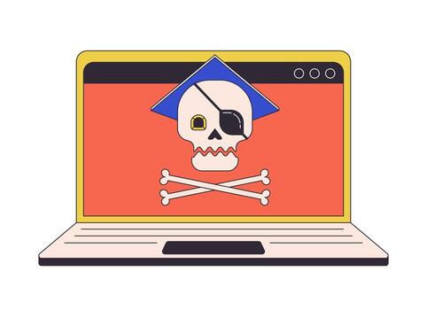 Online piracy on laptop flat line concept vector spot illustration. Downloading copyrighted files 2D cartoon outline character on white for web UI design. Editable isolated color hero image
