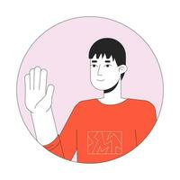 Normal japanese guy waving shyly 2D line vector avatar illustration. Asian young man saying hello outline cartoon character face. Greeting gesture. Nonverbal flat color user profile image isolated