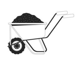 Wheel barrow trolley with sand black and white 2D line cartoon object. Concrete cart isolated vector outline item. Construction wheelbarrow. Equipment building monochromatic flat spot illustration