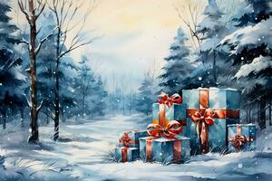 Moonlit watercolor scene of Christmas gifts scattered in a snowy landscape photo