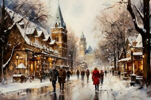 Snow covered stalls and happy shoppers in watercolor holiday market scene photo