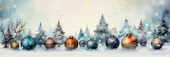 Watercolor Christmas tree ornaments in snowy settings background with empty space for text photo