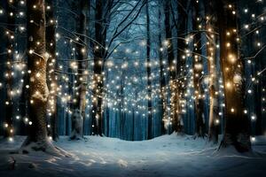 Watercolor enchantment of twinkling fairy lights in snowy forest setting photo