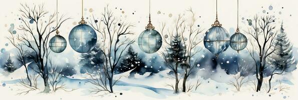 Delicate watercolor Christmas ornaments nestled among snowy winter landscapes photo