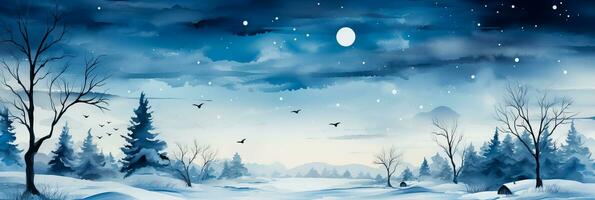 Watercolor snowy landscapes with Christmas angels background with empty space for text photo