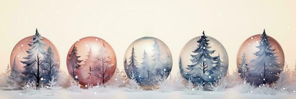 Delicate watercolor Christmas ornaments nestled among snowy winter landscapes photo