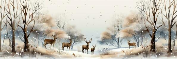 Winter wildlife watercolor illustrations Christmas themed background with empty space for text photo