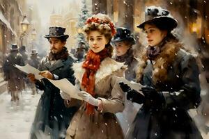 Victorian carolers serenading a snow kissed town square in watercolor portrayal photo