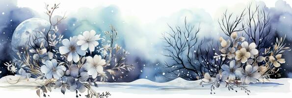 Charming watercolor wreaths encompassing winter holiday scenes amid gentle snowfall photo