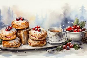 Traditional Christmas pastries watercolor scenes in snow background with empty space for text photo