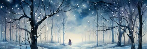 Watercolor enchantment of twinkling fairy lights in snowy forest setting photo