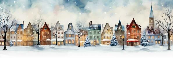 Watercolor town square Christmas tree decoration snowy scene background with empty space for text photo