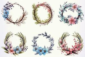 Charming watercolor wreaths encompassing winter holiday scenes amid gentle snowfall photo