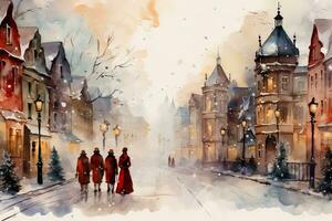 Victorian carolers watercolor portrayal in snowy town square background with empty space for text photo