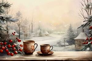 Watercolor hot Christmas beverages in a winter setting background with empty space for text photo