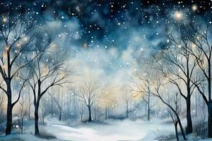 Watercolor twinkling fairy lights in snowy forest background with empty space for text photo