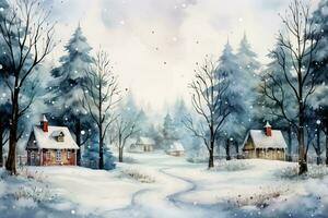 Watercolor festive winter cabins adorned for Christmas background with empty space for text photo