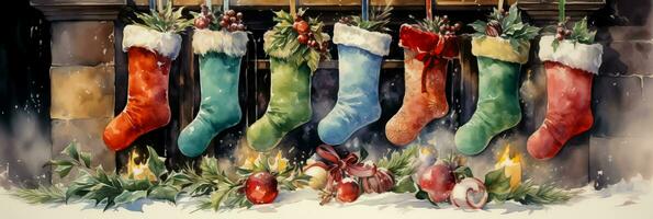Watercolor depiction of Christmas stockings by a snow dusted fireplace scene photo