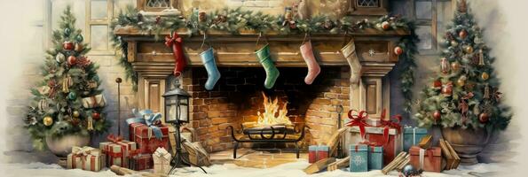 Watercolor depiction of Christmas stockings by a snow dusted fireplace scene photo