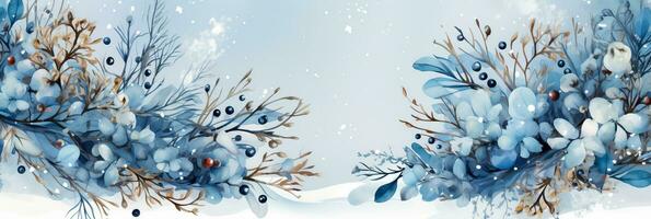 Winter holiday wreaths watercolor illustrations in snowfall background with empty space for text photo