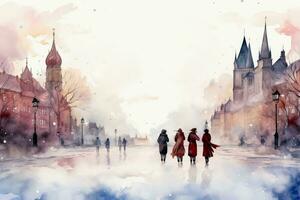 Victorian carolers watercolor portrayal in snowy town square background with empty space for text photo