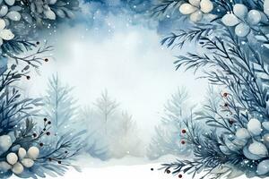 Winter holiday wreaths watercolor illustrations in snowfall background with empty space for text photo