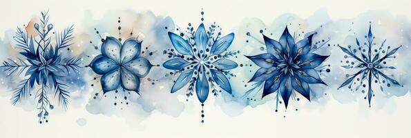 Beautiful watercolor illustrations of intricate snowflakes against tranquil winter backgrounds photo