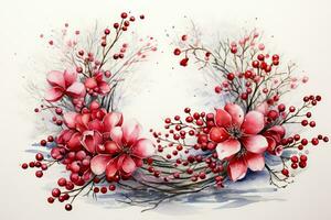 Charming watercolor wreaths encompassing winter holiday scenes amid gentle snowfall photo