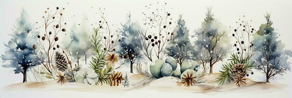 Charming watercolor wreaths encompassing winter holiday scenes amid gentle snowfall photo