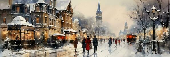 Snow covered stalls and happy shoppers in watercolor holiday market scene photo