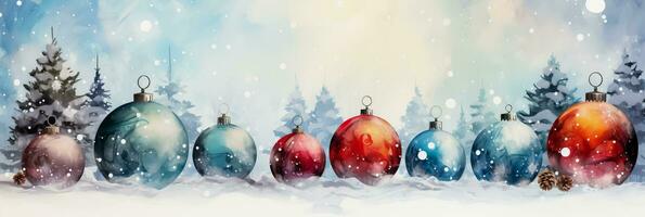 Watercolor Christmas tree ornaments in snowy settings background with empty space for text photo