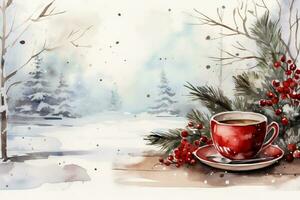 Watercolor hot Christmas beverages in a winter setting background with empty space for text photo