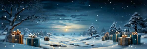Moonlit watercolor scene of Christmas gifts scattered in a snowy landscape photo