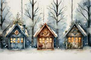 Festive watercolor cabins enveloped in winter magic and Christmas decorations photo