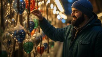 ai generative image of people in a christmas market looking at ornaments drinking mulled wine photo