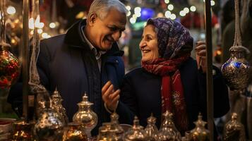 ai generative image of people in a christmas market looking at ornaments drinking mulled wine photo