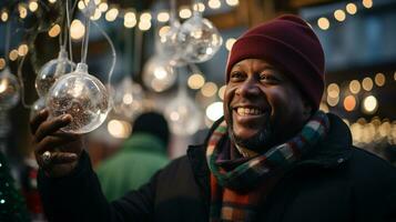 ai generativo imagen de personas en un Navidad mercado mirando a adornos Bebiendo reflexionado vino foto