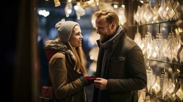 ai generativo imagen de personas en un Navidad mercado mirando a adornos Bebiendo reflexionado vino foto