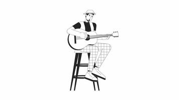 Acoustic guitarist plucking strings bw outline cartoon animation. Music festival 4K video motion graphic. Man sitting on stool 2D monochrome linear animated character isolated on white background