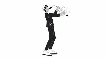 Jazz saxophone player bw outline cartoon animation. Saxophonist musician 4K video motion graphic. Indian man playing instrument 2D monochrome linear animated character isolated on white background