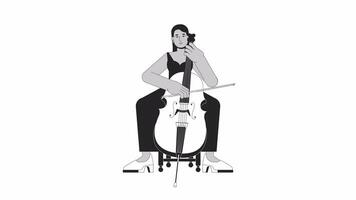 Konzert Cello Mädchen bw Gliederung Karikatur Animation. spielen Instrument 4k Video Bewegung Grafik. Mitte östlichen Frau Musiker Cellist 2d einfarbig linear animiert Charakter isoliert auf Weiß Hintergrund