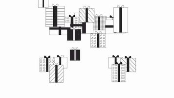 pila regali nero Venerdì bw schema 2d oggetto animazione. mucchio di i regali caduta informatica Lunedi monocromatico lineare cartone animato 4k video. Natale regali avvolto animato articolo isolato su bianca sfondo video