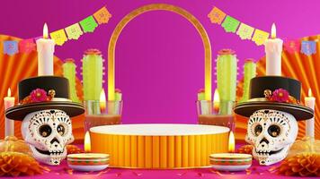 3d rendering illustration for Day of the Dead, Dia de muertos altar concept. Composition of cute sugar skulls, white candles, marigold flowers of the dead. 3d illustration. photo