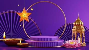 3D rendering  podium for diwali festival Diwali, Deepavali or Dipavali the festival of lights india with gold diya on podium, product, promotion sale, presentation pedestal 3d rendering on background photo